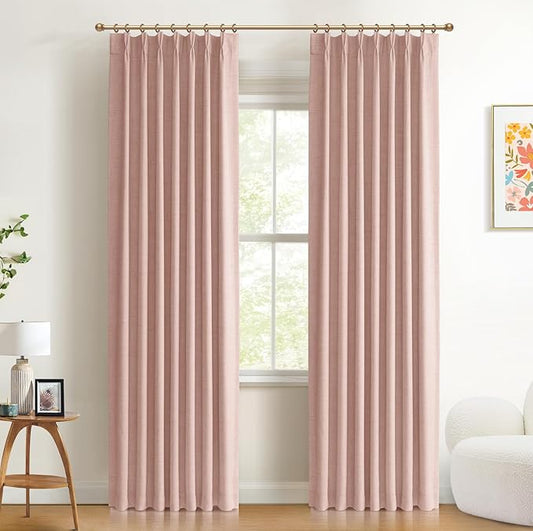 100% Blackout Shield Linen Look Textured Pinch Pleated Curtains Blackout Drapes 108 Inch Long 2 Panels Set, Faux Linen Blackout Curtains for Bedroom & Living Room, 40" W x 108" L, Blush Pink