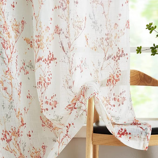 Tree Print Semi-Sheer Curtains 63inch Length White Red Orange Branch Curtain Panels for Living Room Bedroom Linen Textured Look Privacy Semi Sheer Curtains 2pcs Grommet Top