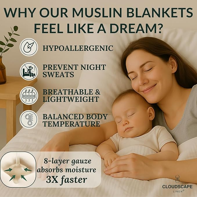 Cloud Scape Linen 100% 8-Layer Cotton Muslin Blanket Queen Size,Lightweight All Season Blanket for Bed, Oversized Cotton Blankets, fits Full Size Bed, 92x92, White