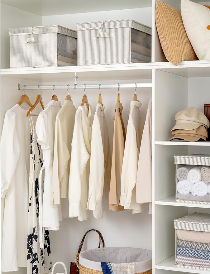 StorageWorks Storage Bins with Lid and Clear Window, Fabric Storage Boxes with Lids, Stackable Basket for Shelves, Closet Organizer and Storage Bins, Khaki and Beige Stripes, Jumbo, 4-Pack