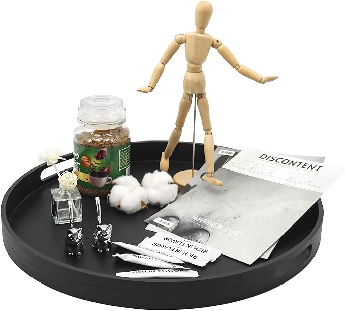 Round Decorative Tray, Extra Large Wooden Serving Tray with Handles, 11.8in Black Decorative Trays for Coffee Table,Kitchen Counter,bandejas decorativas