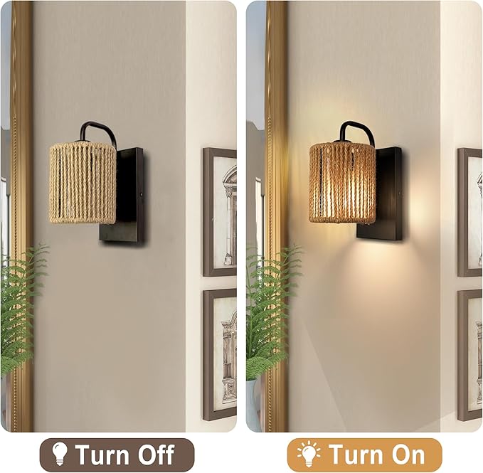 Boho Wall Sconce, Rattan Wall Light Fixtures with Hemp Rope Rustic Sconces for Living Room Bathroom Hallway Bohemian Modern Woven Scocne E26 10inch