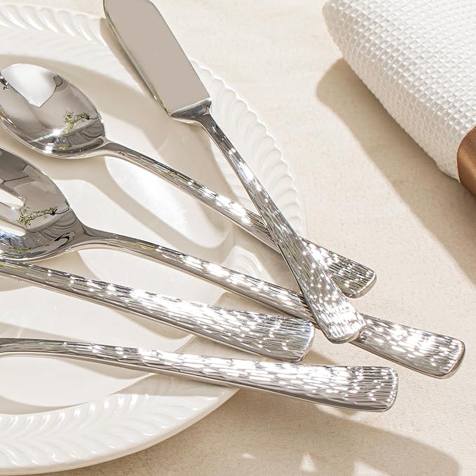 KINGSTONE Hammered 8-Piece Serving Utensil Set, 18/10 Stainless Steel Flatware for Catering, Party Include Spoons, Slotted Spoon, Fork, Butter Knife - Mirror Finish & Dishwasher Safe
