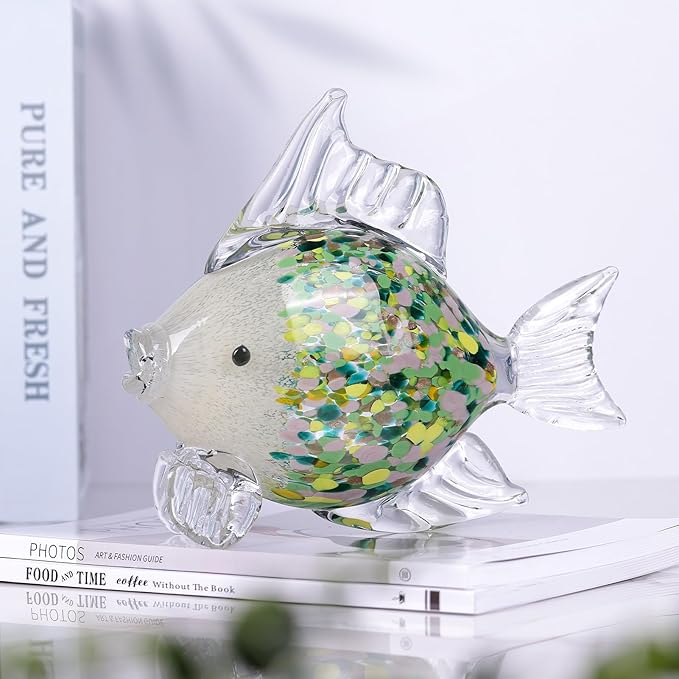 9.4 in Blown Colored Glass Fish Statue, Green Glass Fish Paperweight Sculpture for Modern Home Decor, Living Room Coffee Table, Office Desk, Dining Table Centerpiece, and Window Display (D)