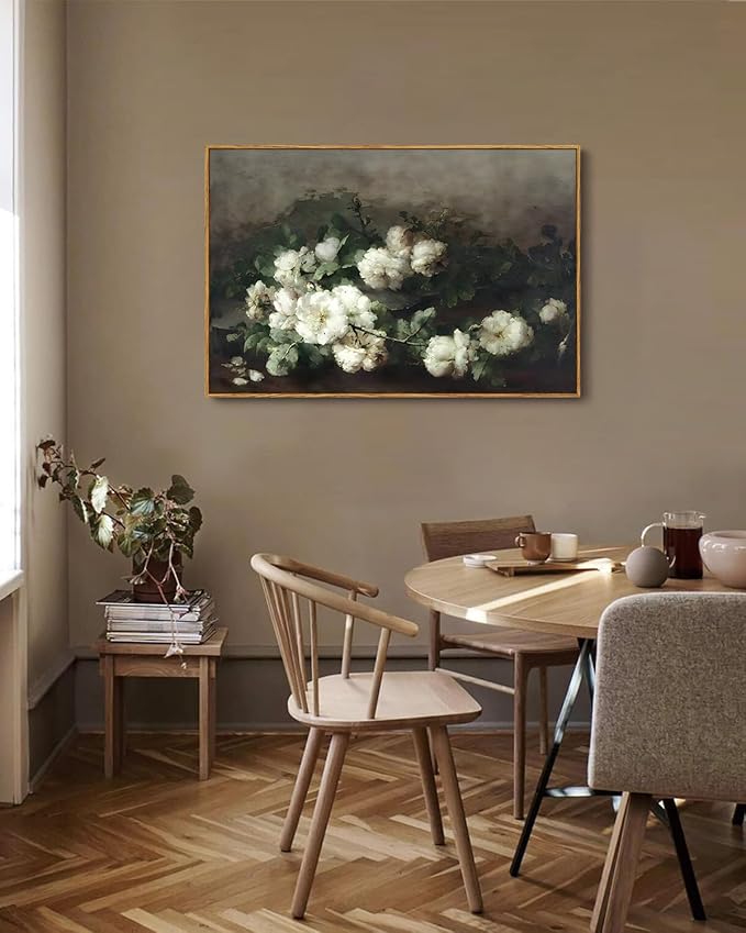 KISSFOX Framed Vintage Floral Wall Art White Flower Botanical Painting Canvas Prints Retro Rustic Farmhouse Pictures Cottagecore Aesthetic Office Decor Bedroom Bathroom Living Room