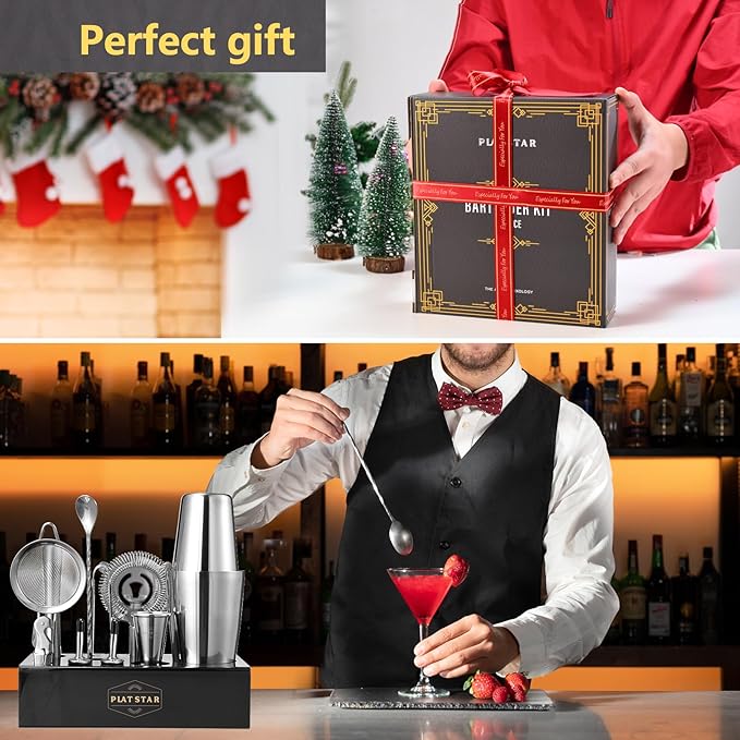 Mixology Bartender Kit | Home Bar Set Cocktail Shakers Bartending Kit | Bar Tools Boston Shaker Set with Stand | Professional Drink Mixing Martini Shaking Tins Barware Set w/Strainer