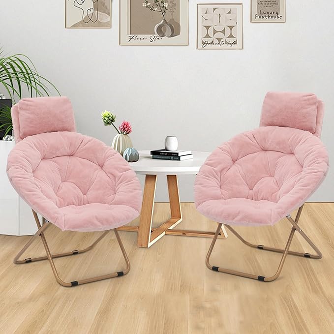 Athena Collection Comfy Saucer Chair with Headrest Oversize Round Cozy Chair Folding Chair Faux Fur Metal Frame Foldable Reading Chair Accent Chair for Bedroom Living Room Set of 2, Pink
