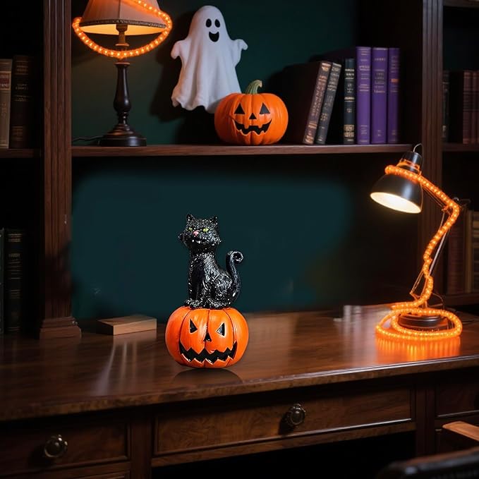 Halloween Decor Mini Resin Pumpkin Cat Figurine - Cute Desktop Decor for Home, Office, Mantle, Shelf Sitter Decorations Gift