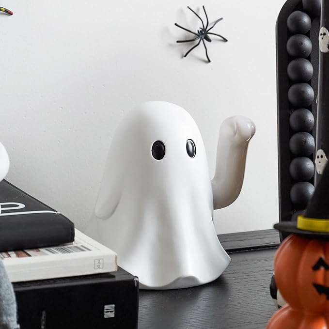 WDS WONDROUS Halloween Decor Ghost Figurine Decoration Waving Hand Lucky – Resin Funny Ghost Statue with Shaking Arm – Halloween Decor Indoor, Spooky Tabletop for Home Office Party Gifts