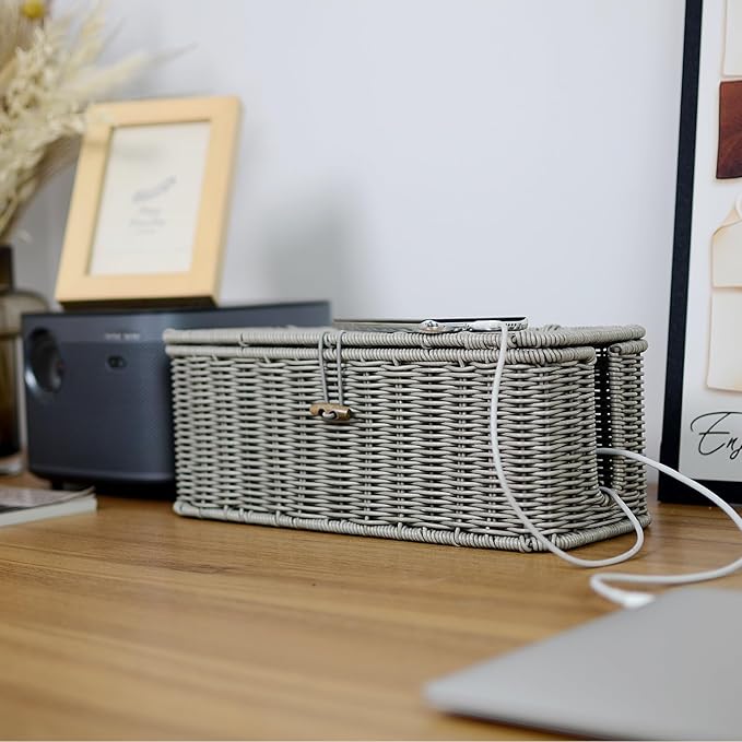 BROWNLILY Cable Management Box, Rattan Style Cord Organizer for Desk Cord Hider Outlet Covers Baby Proofing for Power Strip TV PC Router Charger Under Desk Storage with Lockable Lid and Cable Ties