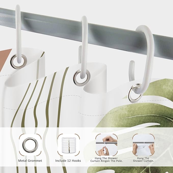 Glawry Abstract Tropical Shower Curtain Chic Boho Plant Palm Leaf Watercolor Pink Green Simple Minimalist Bathroom Modern Botanical 72Wx72L Inches Bath Accessories Art Home Decor Fabric 12 Pack Hooks