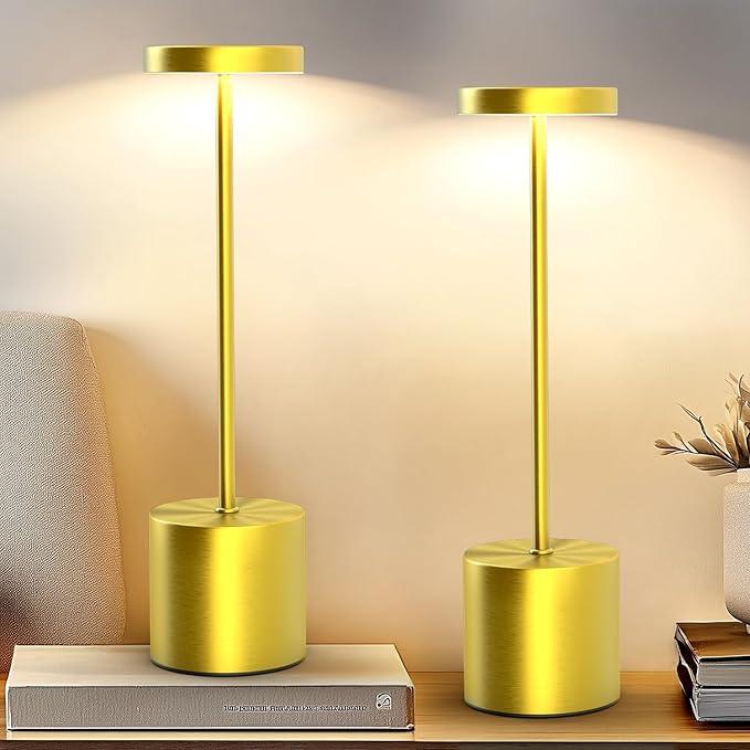 Cordless Table Lamp – 2 Pack Rechargeable Table Lamps, 5000mAh Battery Operated Lamp with 3-Color Dimmable Light, Outdoor Table Lamp for Bedroom, Restaurant, Patio, Home Décor (Gold)