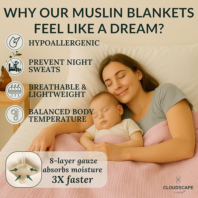 Cloud Scape Linen 100% 8 Layer Cotton Muslin Blanket King Size for Adult, Lightweight & Breathable, All Season Oversized Blanket for Bed, fits California King, 92x108, Seashell Pink