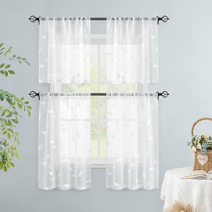 HOMEIDEAS White Sheer Kitchen Curtains 30 X 36 Inch Length 2 Panels Embroidered Leaf Pattern Short Curtains for Small Window Valance Tiers