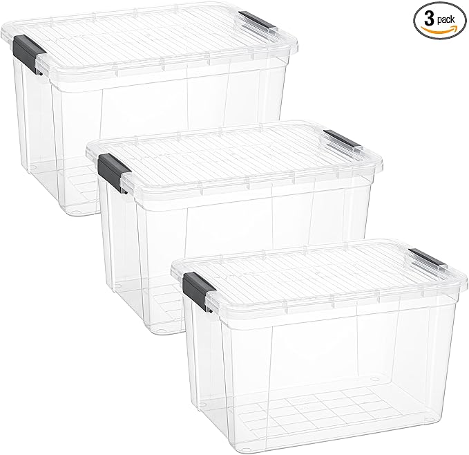 Superio Clear Storage Boxes with Lids, 26.5 Quart Plastic Container Bins for Organizing, Stackable Crates, BPA Free, Non Toxic, Odor Free, Organizers for Home, Office and Dorm, 3 Pack