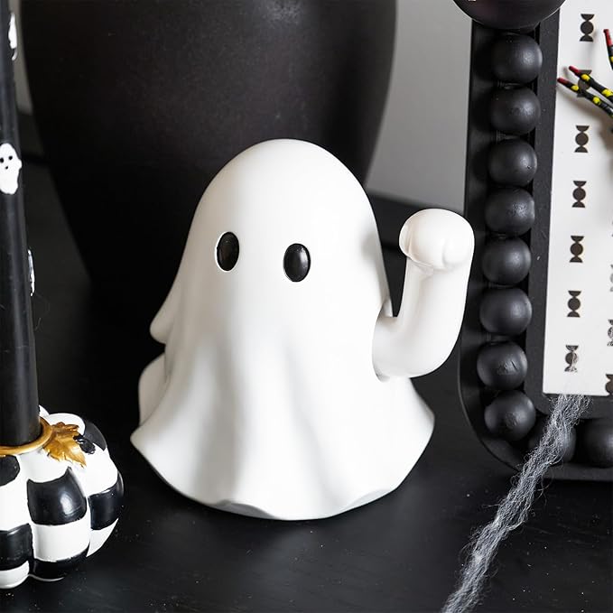 WDS WONDROUS Halloween Decor Ghost Figurine Decoration Waving Hand Lucky – Resin Funny Ghost Statue with Shaking Arm – Halloween Decor Indoor, Spooky Tabletop for Home Office Party Gifts