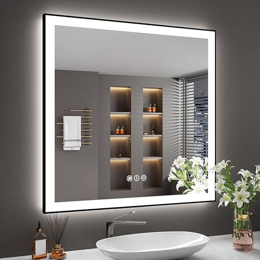 36x36 Inch LED Bathroom Mirror with Black Frame, Backlit and Front Lighted Bathroom Mirrors for Wall, Anti-Fog, Dimmable, Memory, Shatterproof, LED Vanity Mirror for Bathroom
