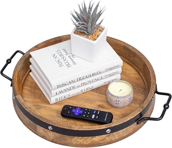 16" Large Round Ottoman Tray, Heavy Duty Mango Wood, for Serving Tea, Breakfast in Bed, Living Room Large Coffee Table Tray Rustic with Farmhouse Style, Decorative Handles and Accent Strap