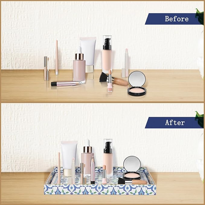 Serving Tray, Boho Plastic Food Trays for Eating on Lap Decorative Coffee Tray with Handles Rectangular Non-Slip Candle Plate, 15.7"x11.8"x1.6" Large Drinks Platter for Kitchen/Living Room/Bedroom