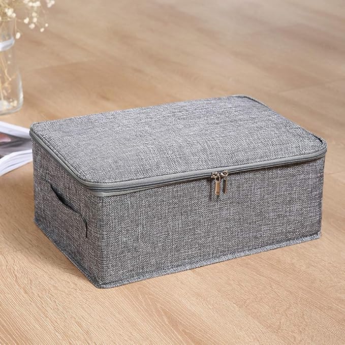 ANMINY 3PCS Storage Bins with Zipper Lids 13 Qt Lidded Fabric Storage Boxes Baskets Cubes with Handles Collapsible Washable Cotton Linen Closet Shelf Clothes Organizer Containers - Gray, Small