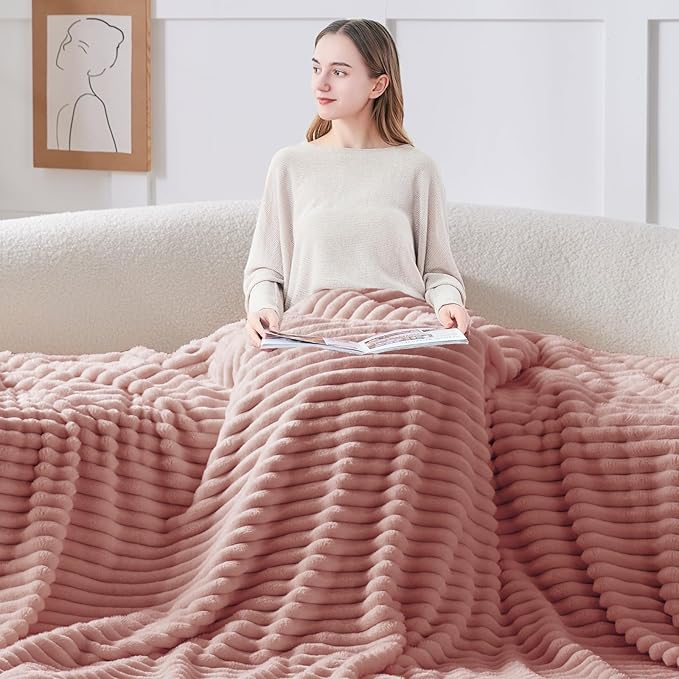 BEDELITE Fleece Throw Blanket for Couch - 300GSM Soft & Warm Fluffy Dusty Pink Blanket, Decorative and Giftable Striped Blankets for Women, Men, 50"x60"