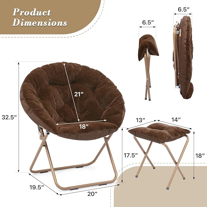 Athena Collection Modern Brown Faux Fur Velvet Saucer Foldable Round Cozy Accent Chair with Ottoman, 300lbs Weight Capacity, Perfect for Bedroom, Living Room, Outdoor Use