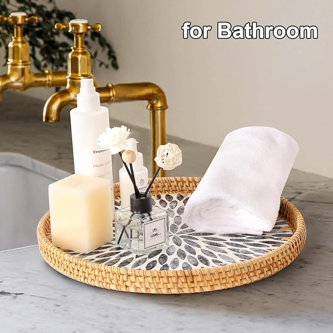 Round Rattan Tray with Mother of Pearl Inlay, Rattan Serving Tray for Coffee, Bread, Fruits, Decorative Wicker Tray for Table Decor, Home Decor, Kitchen Island Decor (Dark Blue Leaf, 11.8")