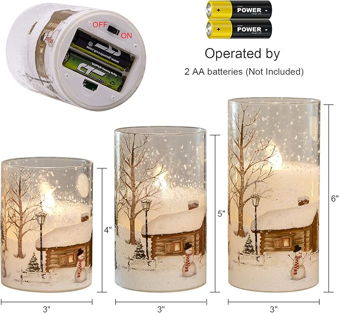 DRomance Snowman Glass Flameless Candles Battery Operated with Remote and Timer Real Wax LED Flickering Pillar Candles White Cold Light Window Christmas Holiday Decor D3 x 4",5",6"
