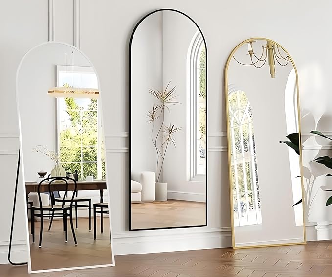 Arched Full Length Mirror, 65"x21" Gold Mirror with Stand, Full Body Mirrors for Leaning Against or Wall Mounted, Large Floor Mirrors for Bedroom, Living Room, Black