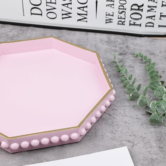 Pink Serving Tray for Coffee Table, Octagonal Beaded Plastic Decorative Tray for Ottoman, Kitchen Counter, Living Room, Outdoor Lacquer Tray for Entertaining