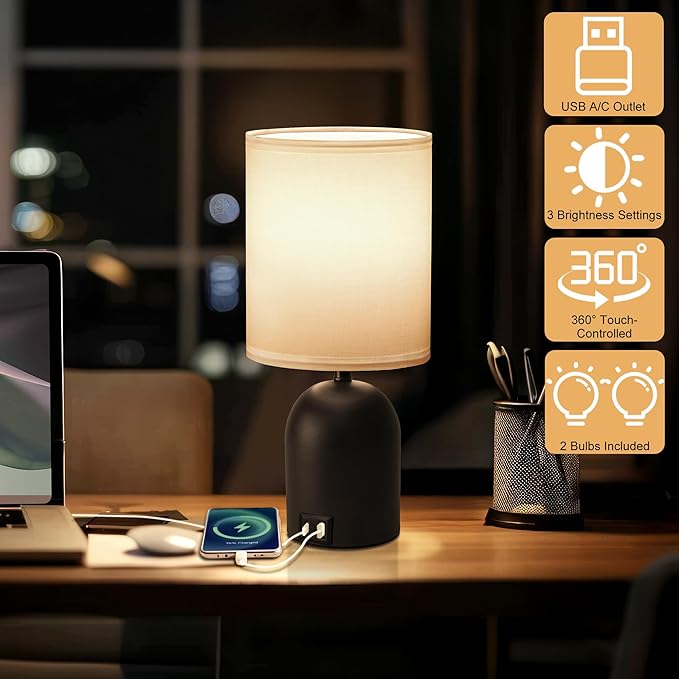 Bedside Table Lamp for Bedroom, 3 Way Dimmable Touch Nightstand Lamp with USB C and A Ports Small Table Desk Lamp for Bedroom, Living Room, Reading Room, Kids Room, Office, Dorm Black/White