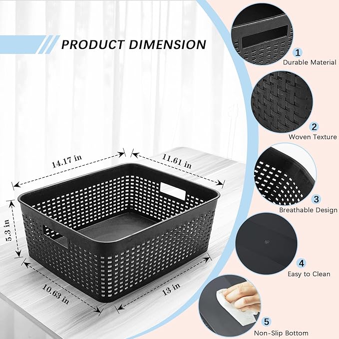 Soddeph Plastic Storage Baskets for Cabinets, Household Pantry Organization with Handle,Organizer Bins for Room,Bathrooms,Under-Sink,Kitchen (Black, L-3PACK)