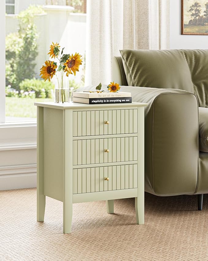 Fluted Nightstand, Farmhouse Night Stand with 3 Drawers, Mid Century Modern Side Accent Table,Bedside End Table for Bedroom, Living Room, Pale Green