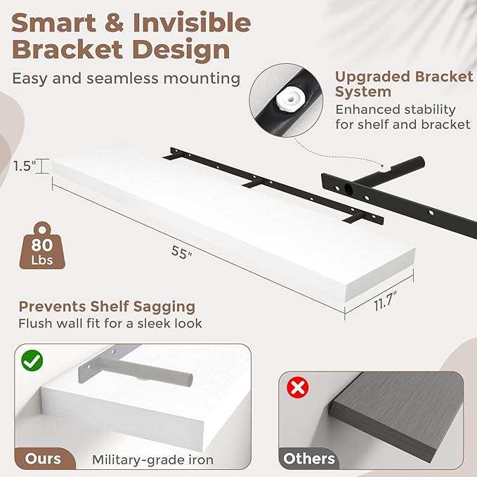 Floating Shelves for Wall with Invisible Brackets, Wall Mounted Engineered Wood Shelves with Wood Grain for Living Room, Bedroom, Bathroom, Kitchen Decor and Storage, Oak, 55"L Set of 2, White