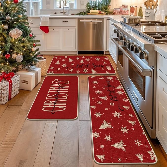 Artoid Mode Xmas Trees Snowflake Let It Snow Merry Christmas Kitchen Mats Set of 2, Winter Decor Low-Profile Kitchen Rugs - 24"x36"+24"x59"+24"x72"