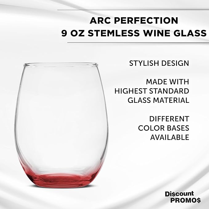 DISCOUNT PROMOS Stemless Wine Glass 9 oz. Set of 10, Bulk Pack - Great for Wedding Favors, Bachelorette Party and More - Red Bottom Color