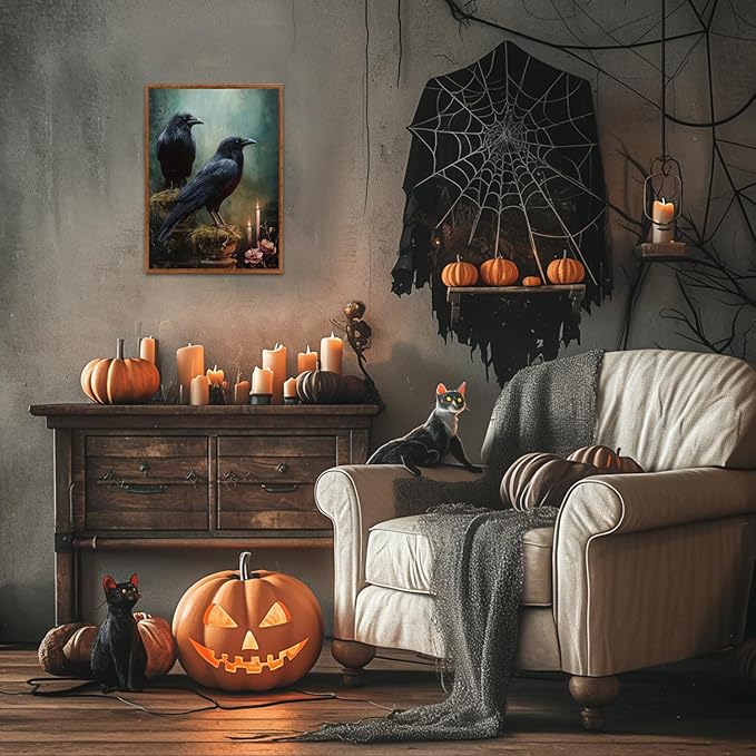 LHIUEM 12”X16”Black Crows Halloween Framed Decor Gothic Crows Canvas Wall Art Dark Academia Crow Decor Twilight Party Decorations Vintage Halloween Raven Wall Art Victorian Goth Pictures for Home