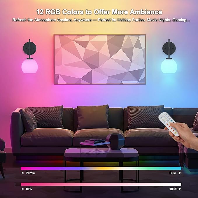 Black Wireless Rechargeable Wall Sconces with Remote Control, Battery Operated Wall Sconce Set of 2, LED Dimmable Wall Lights with Opal White Glass Shade, 12 Colors RGB & 3 CCT Bulb