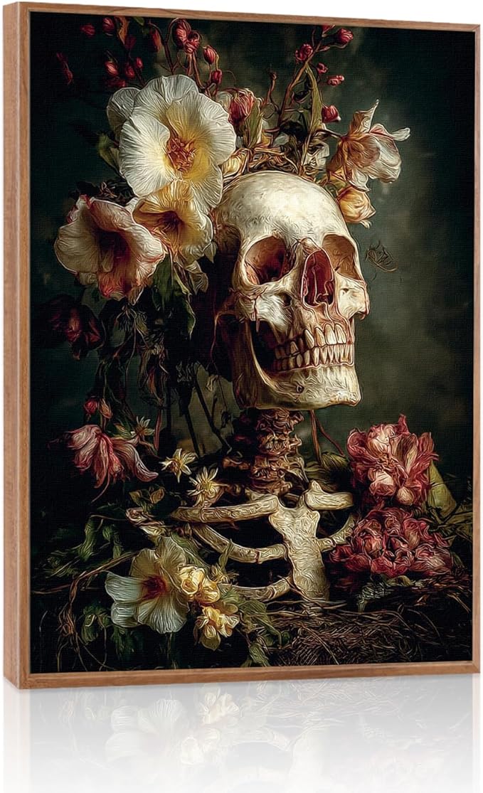 LHIUEM 12”x16”Halloween Gothic Skull Framed Painting Creepy Spooky Skeleton Flowers Decor Romantic Rose Wall Decor Dark Goth Skull Canvas Wall Art Vintage Halloween Skeleton Picture for Home Gallery