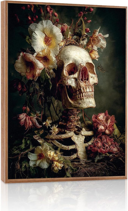 LHIUEM 12”x16”Halloween Gothic Skull Framed Painting Creepy Spooky Skeleton Flowers Decor Romantic Rose Wall Decor Dark Goth Skull Canvas Wall Art Vintage Halloween Skeleton Picture for Home Gallery