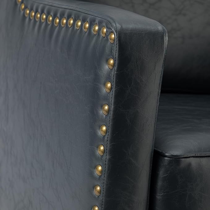 HULALA HOME Faux Leather Accent Armchair with Back & Seat Cushions, Traditional Club Chair with Nailhead Trim, Comfy Upholstered Sofa Chair for Living Room Bedroom, Navy