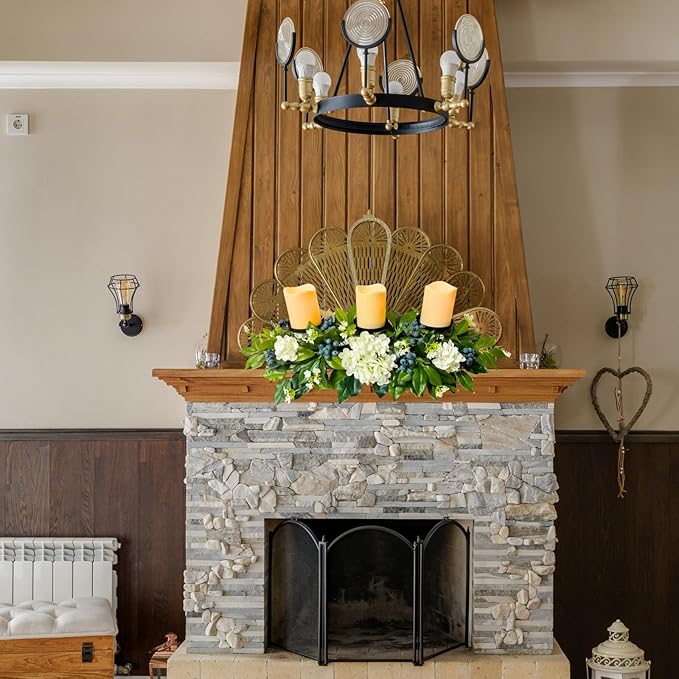 All Season Candle Holder Centerpiece for Table with Artificial Blueberry,White Hydrangea and Eucalyptus Leaf for Table Centerpiece Decor,Dining Room,Party Home Decor