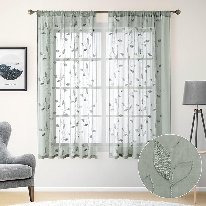 HOMEIDEAS Sage Green Sheer Curtains 52 X 63 Inches Length 2 Panels Embroidered Leaf Pattern Pocket Faux Linen Floral Semi Sheer Voile Window Curtains/Drapes for Bedroom Living Room