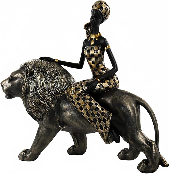 African Woman Riding Lion Resin Statue – Tribal Figurine for Home Decor, Elegant Black and Gold Sculpture for Shelf, Desk, or Mantel, Unique for Mom, Friends, Women, Christmas