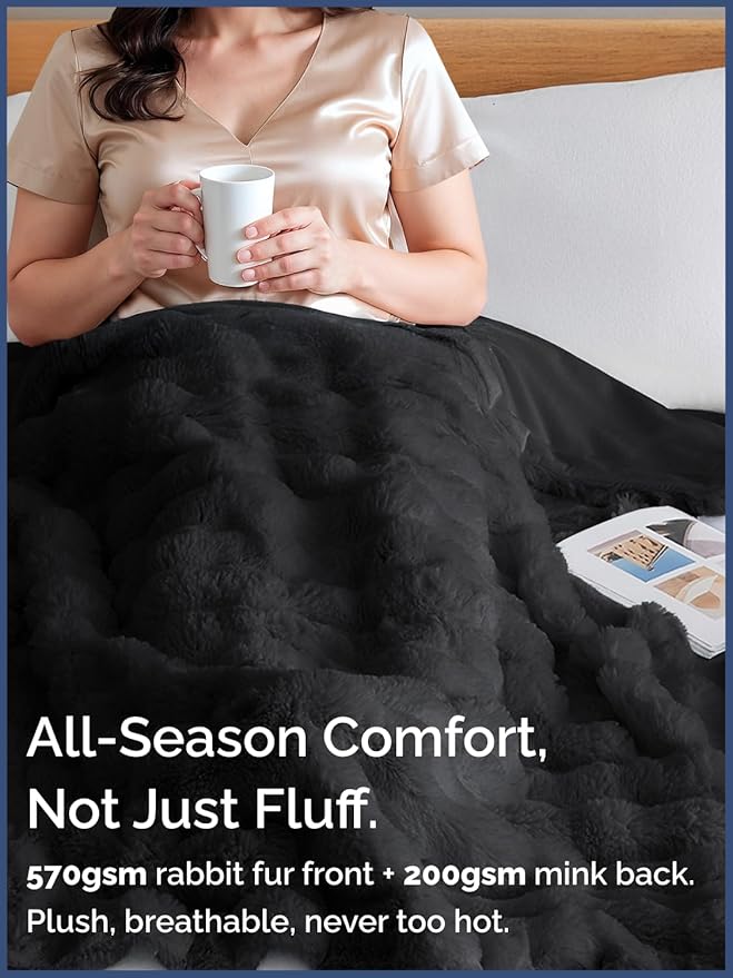 Fluffy Blanket Throw Size - Faux Fur Throw for Couch or Bed - Ultra Plush Soft Extra Thick Faux Fur Rabbit Blanket - Comfy, Fuzzy, Warm & Breathable - Luxury Minky Tie Dye Bedding - 50" x 60", Black