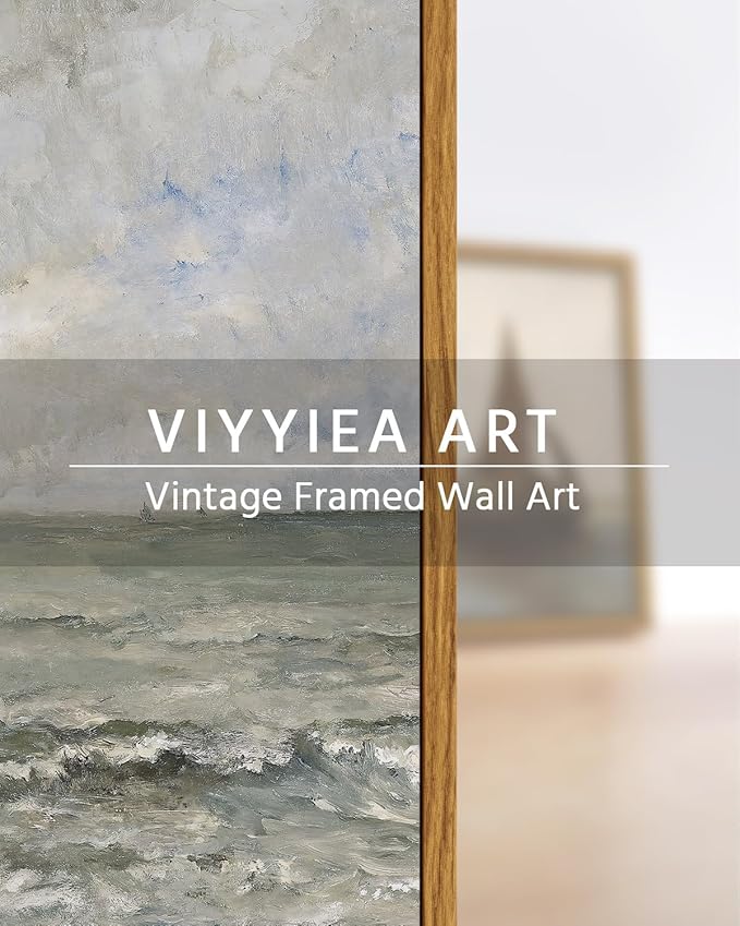VIYYIEA Ocean Landscape Framed Wall Art, Seascape Vintage Paintings Art Decor Aesthetic, Canvas Print Artwork, Calming Sea Wall Pictures for Bedroom Bathroom Office, 8x10 Inch