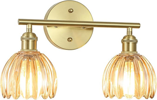 Vintage Bathroom Light Fixtures,2-Light Hardwired Vanity Lights Over Mirror,Gold Wall Sconces with Amber Tulip Glass Shade for Bathroom Living Room,E26 Socket(Bulbs Not Included)