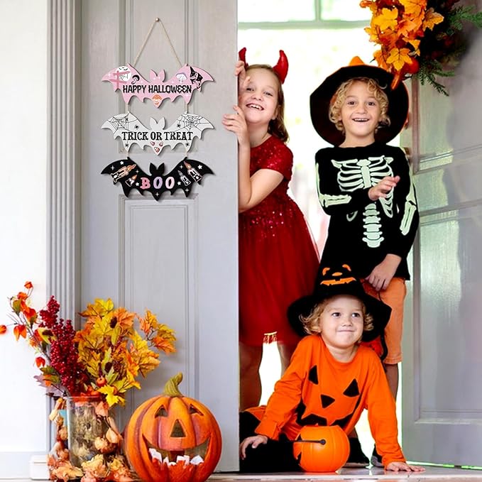HPNIUB Halloween BOO Door Sign Decorations, Happy Halloween Welcome Hanging Wood Sign for Front Door, Wooden Bat Spider Wooden Plaque Ornaments for Home Wall Halloween Party Decor
