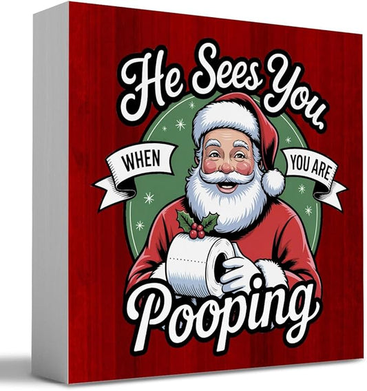 HTBIG Funny Bathroom Christmas Decor He Sees You When You Pooping Bathroom Wooden Box It In The Corner Shelf 5 x 5 Inch