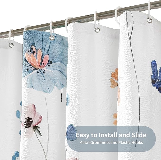 QiyI Watercolor Floral Shower Curtain, 3D Embossed Butterflies Blue Beige Flower Bathroom Curtain, Minimalist White Cloth Bath Curtain, Waterproof Fabric Textured Shower Curtain Set with Hooks, 72x72